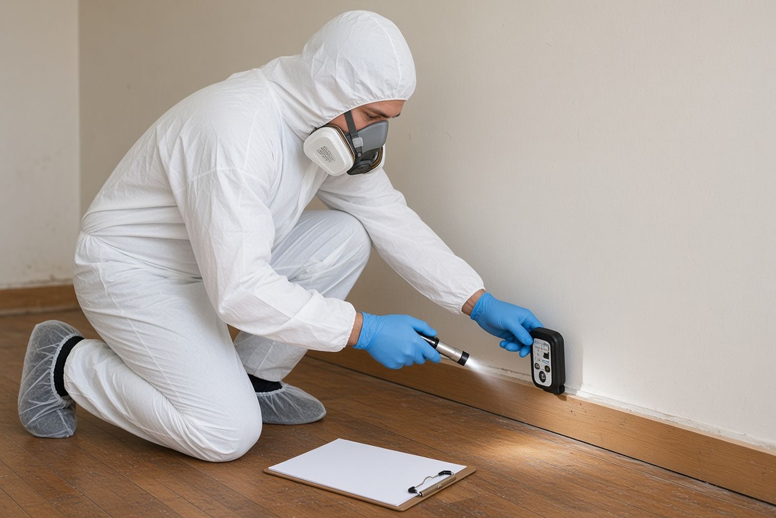 Technician in coveralls and a half-face respirator checking a baseboard with a flashlight and moisture meter