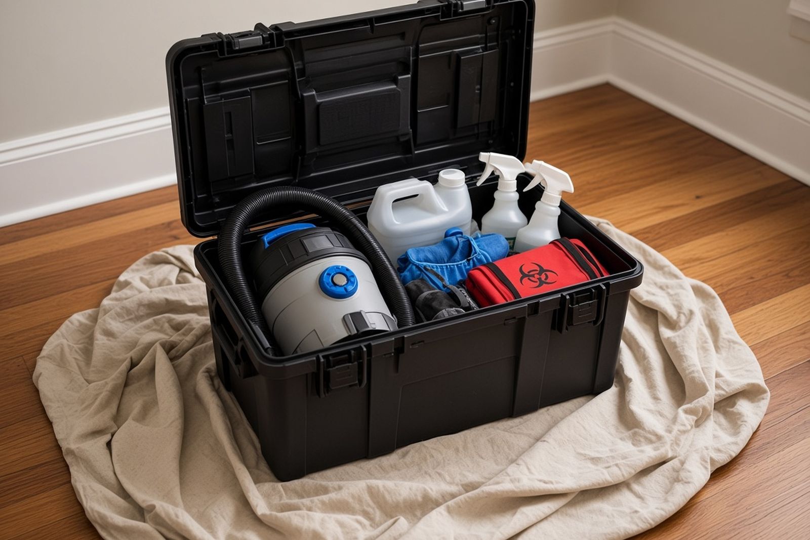Open equipment case on a drop cloth holding a HEPA vacuum, disinfectant jugs, spray bottles and red biohazard bags
